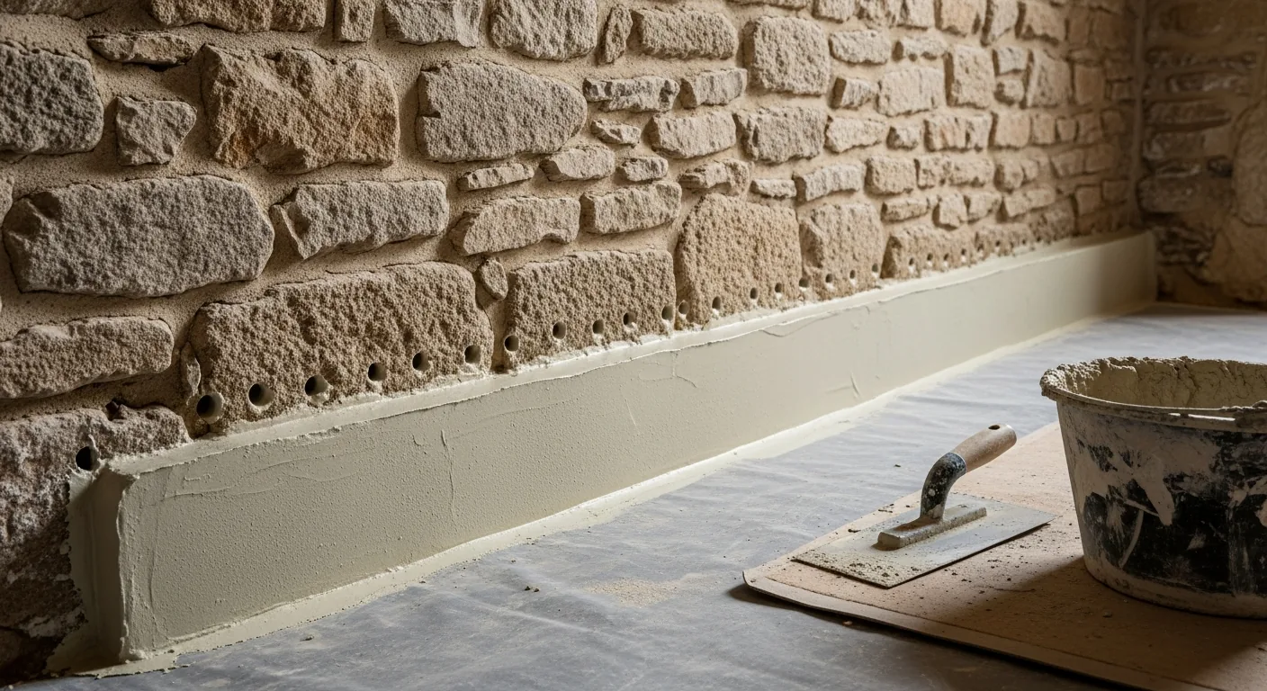 Bas de mur en pierre traité contre l'humidité dans une maison de Morlaix
